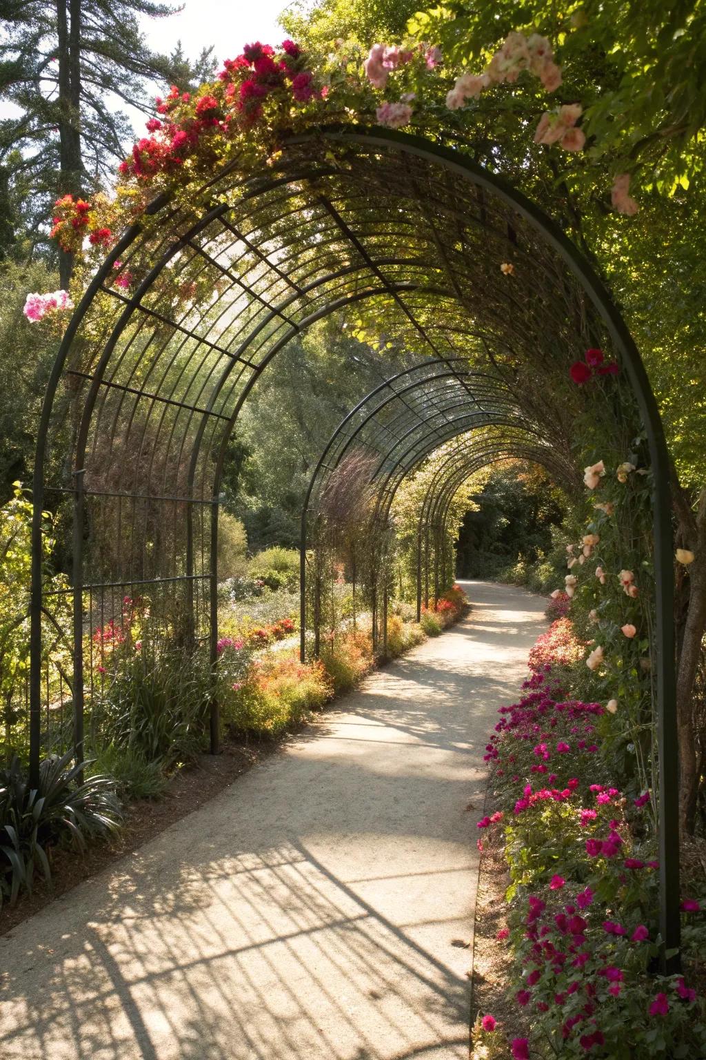 Step into a world of craftsmanship with this enchanting hog wire trellis archway.