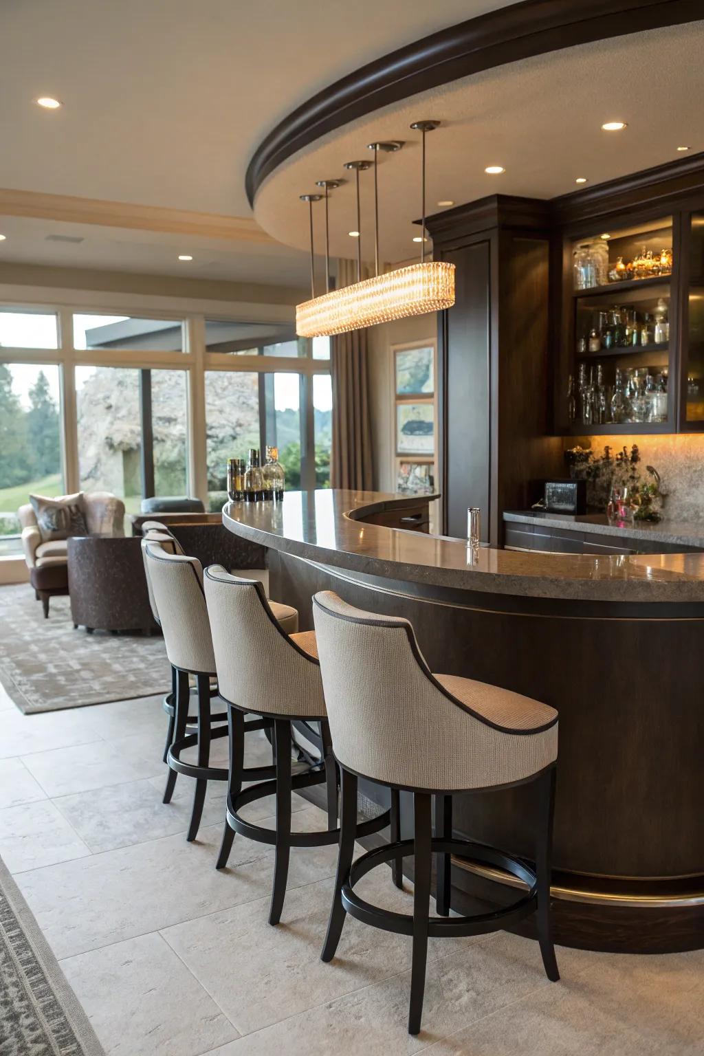 A curved bar counter adds elegance and functionality to your home bar.