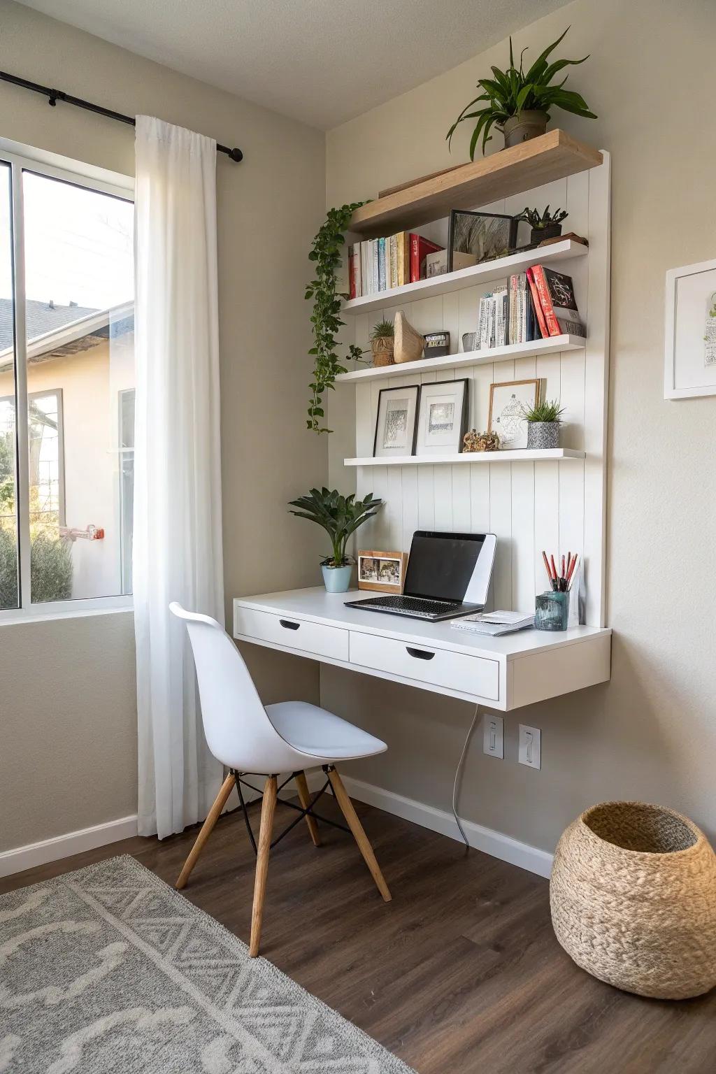 A floating desk maximizes floor space in a compact office.