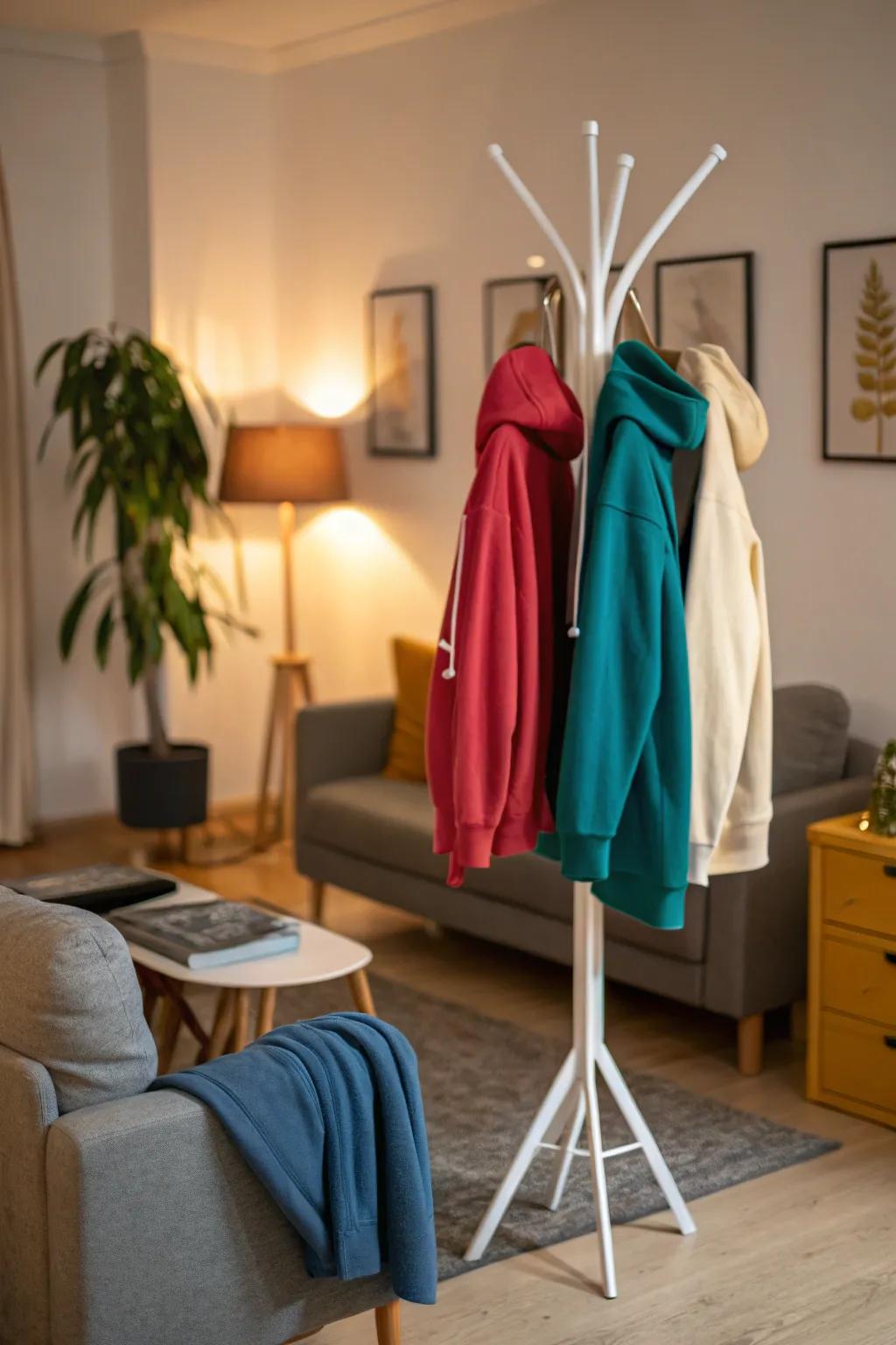 Freestanding coat racks offer flexibility and style for hoodie storage.