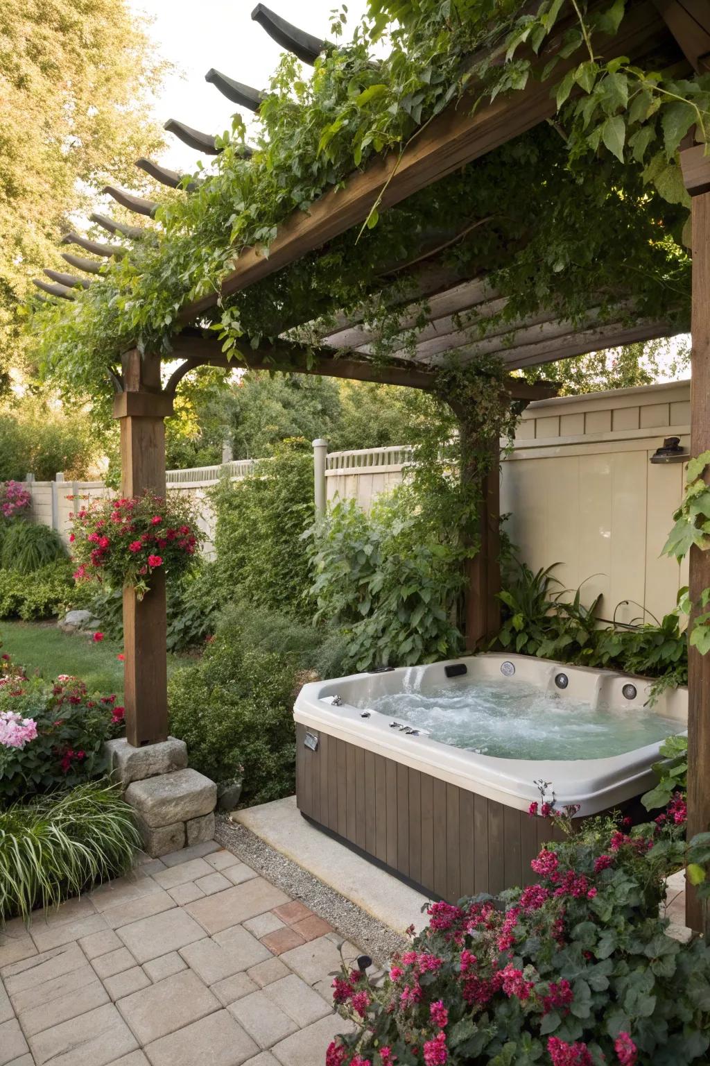 A pergola provides shade and elegance to a hot tub area.