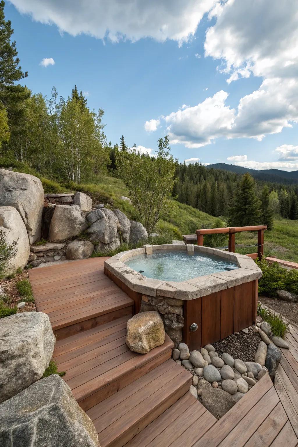 Natural materials can seamlessly integrate your hot tub into the landscape.