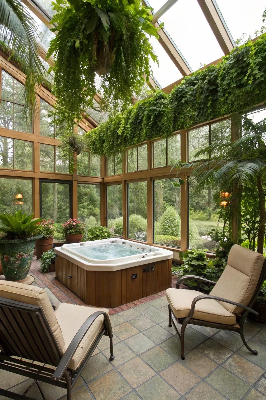 A sunroom solarium that brings nature into your hot tub experience.