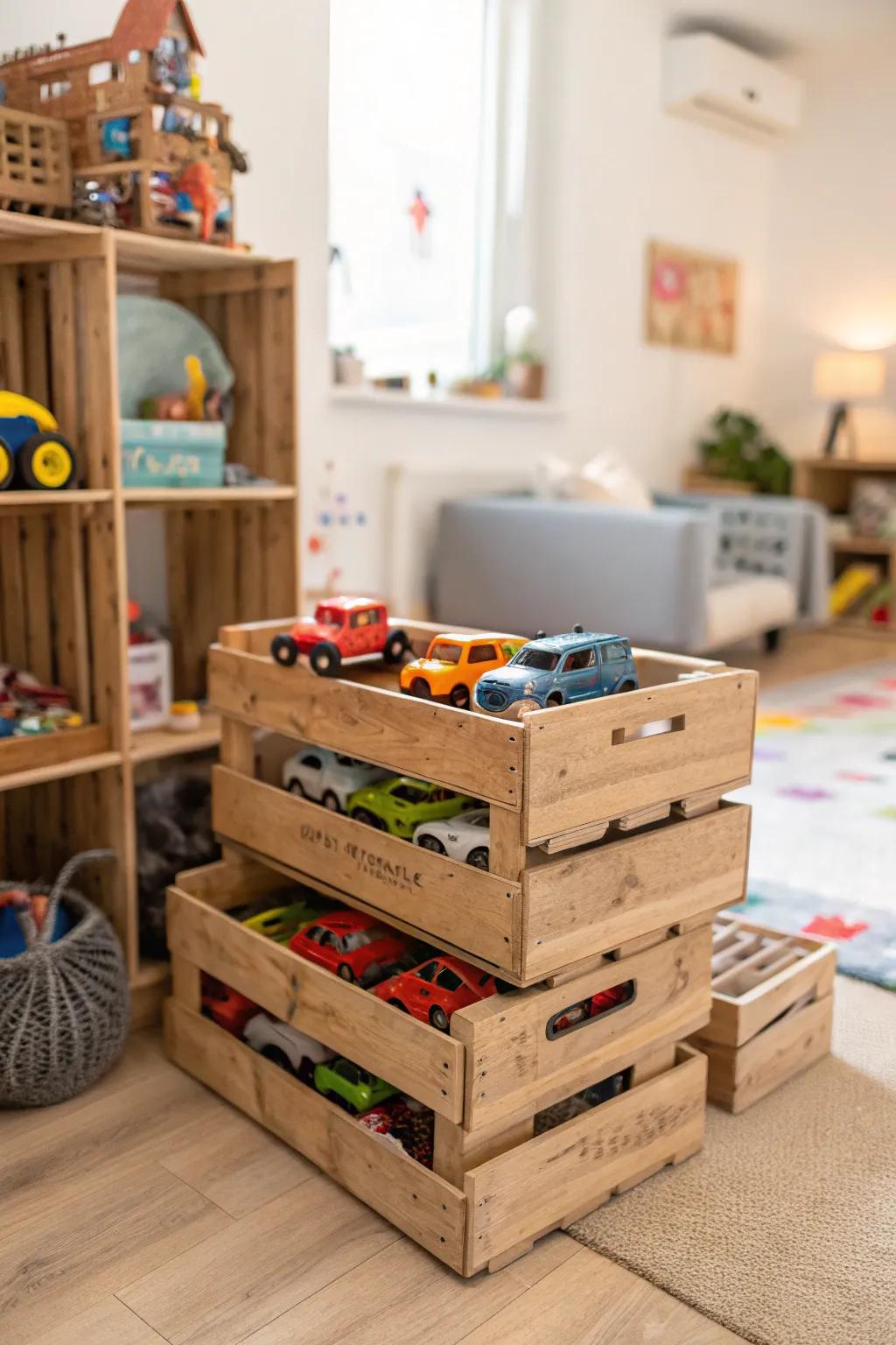 Wooden crates offer a rustic and practical Hot Wheels storage solution.