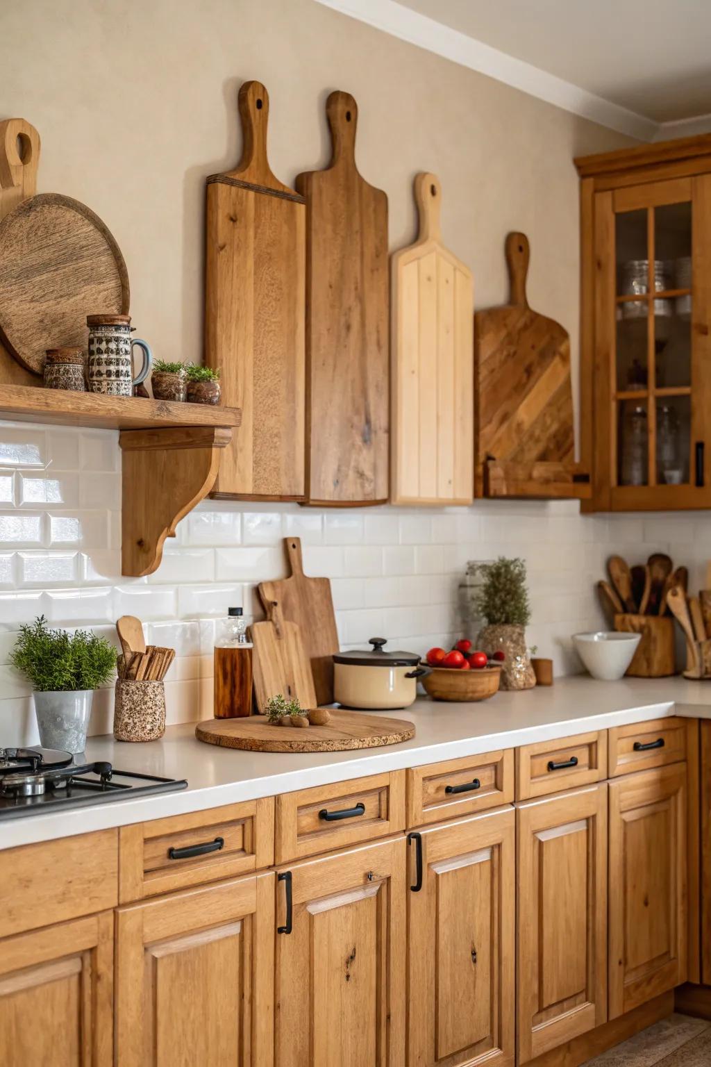 Wooden cutting boards add rustic charm above kitchen cabinets.