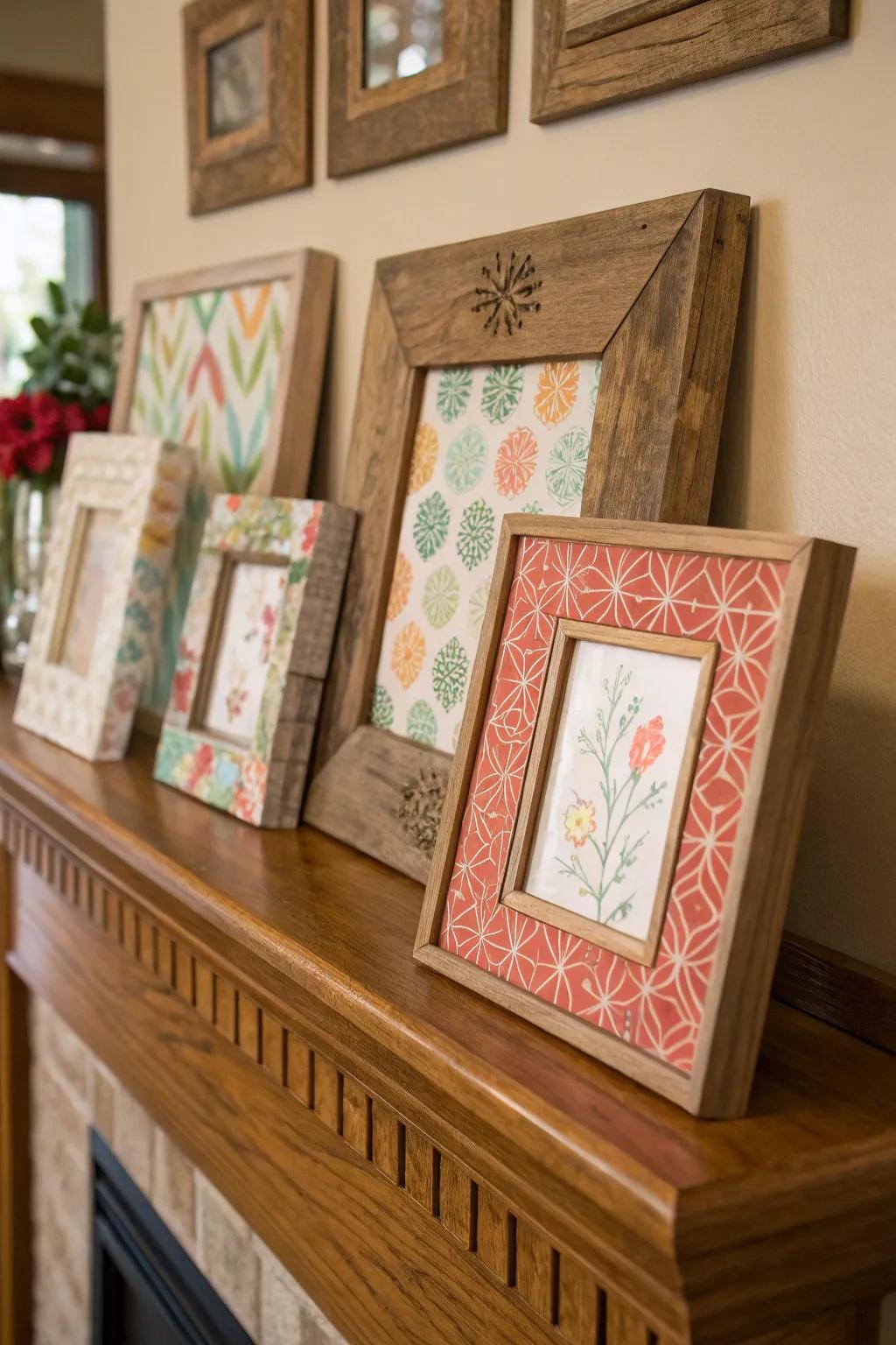 Enhance your picture frames with unique scrapbook paper designs.