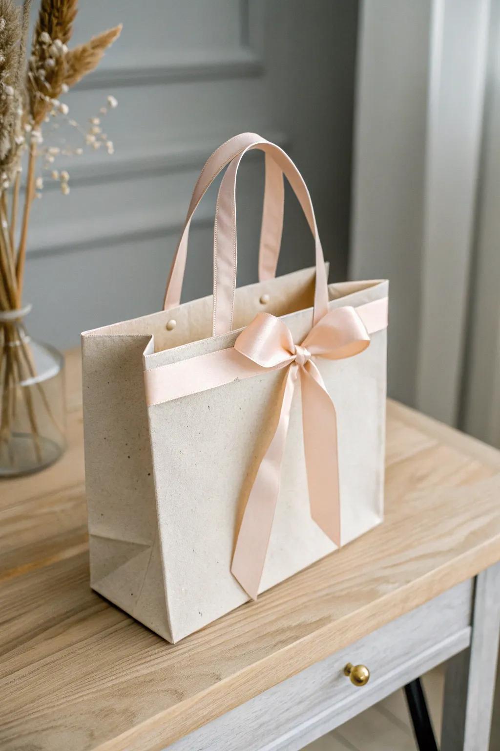 Elevate your gift-giving with a touch of elegance: Paper bags with pastel ribbon handles.