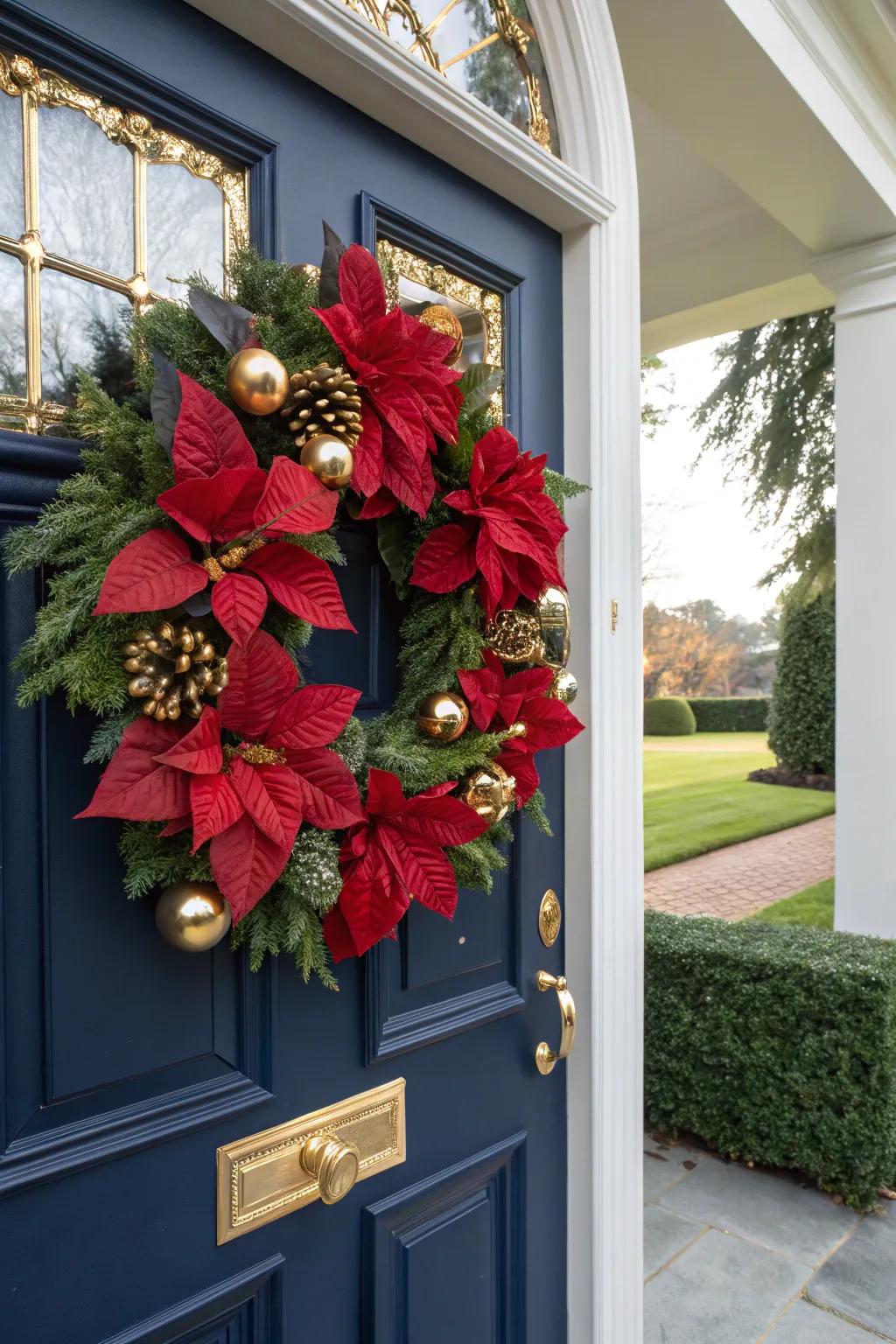 A luxurious red and gold poinsettia wreath on a sophisticated door.