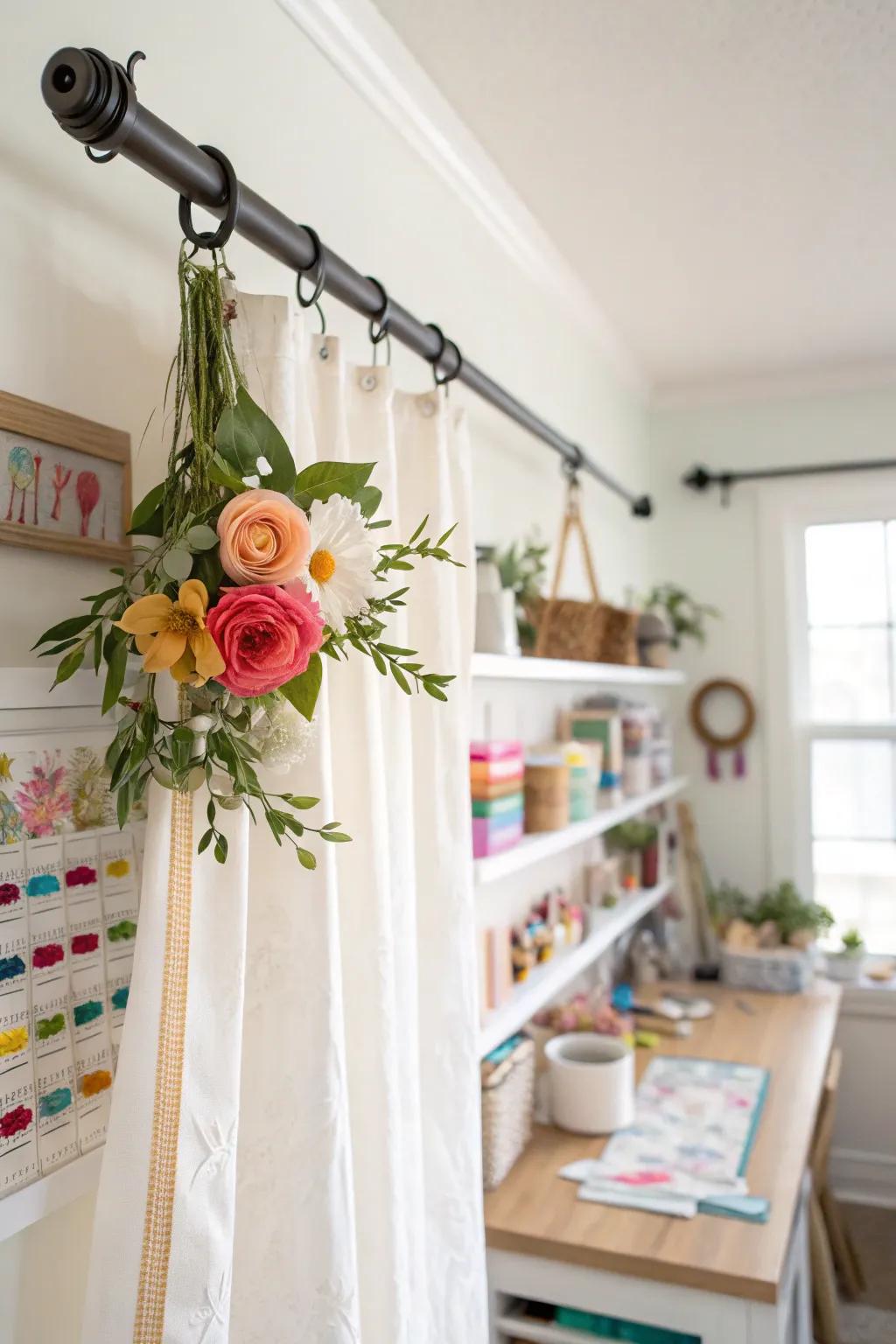 Curtain rods offer a smart way to display and store faux flowers without taking up much space.