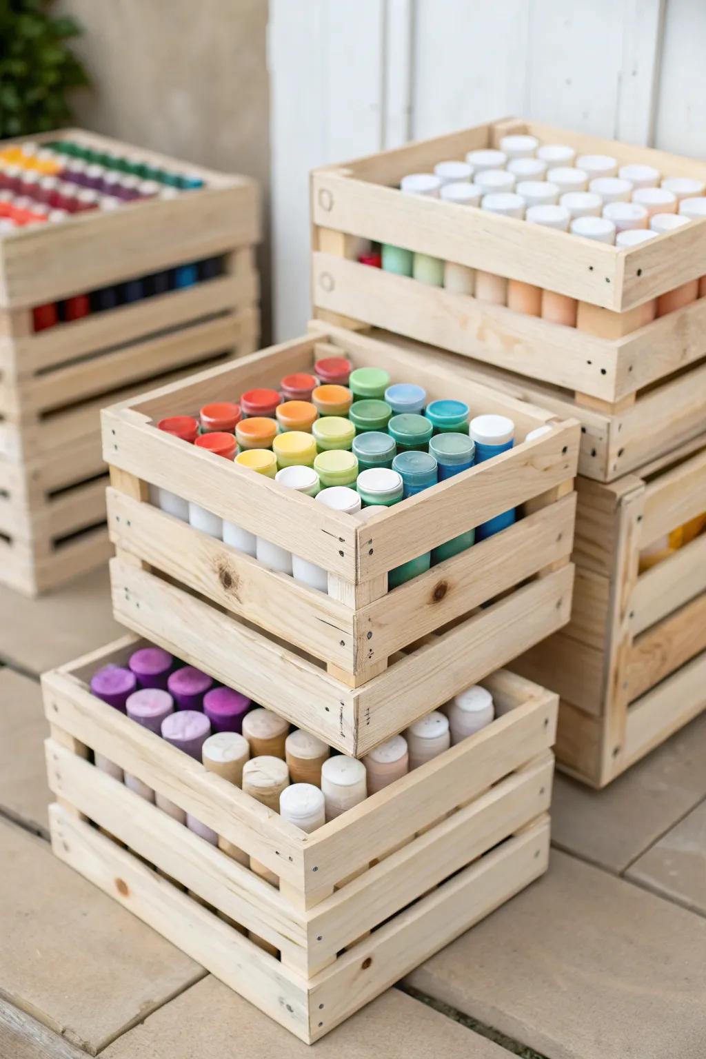 Elevate your art space with minimalist crate shelving—where Scandinavian simplicity meets Boho charm.