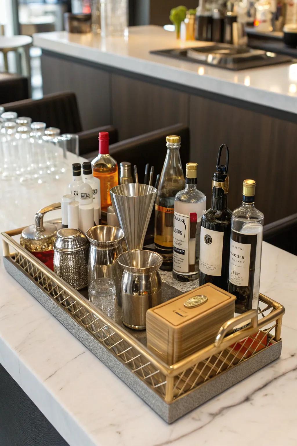 A signature tray brings organization and style to your bar setup.