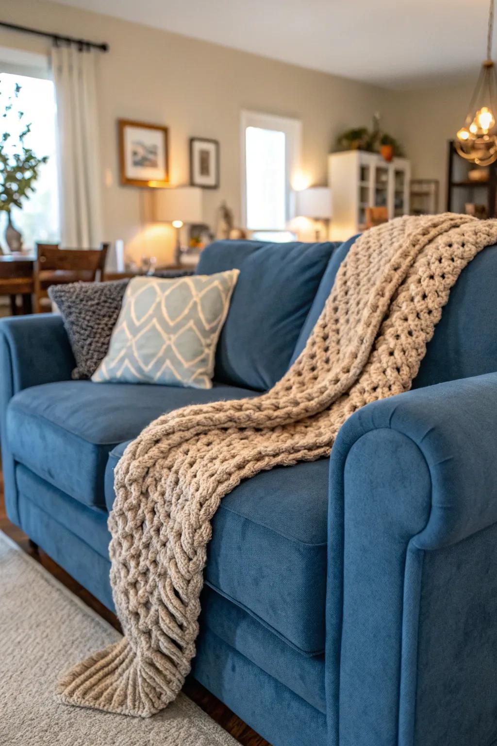 Textured throws add warmth and style to a blue couch.