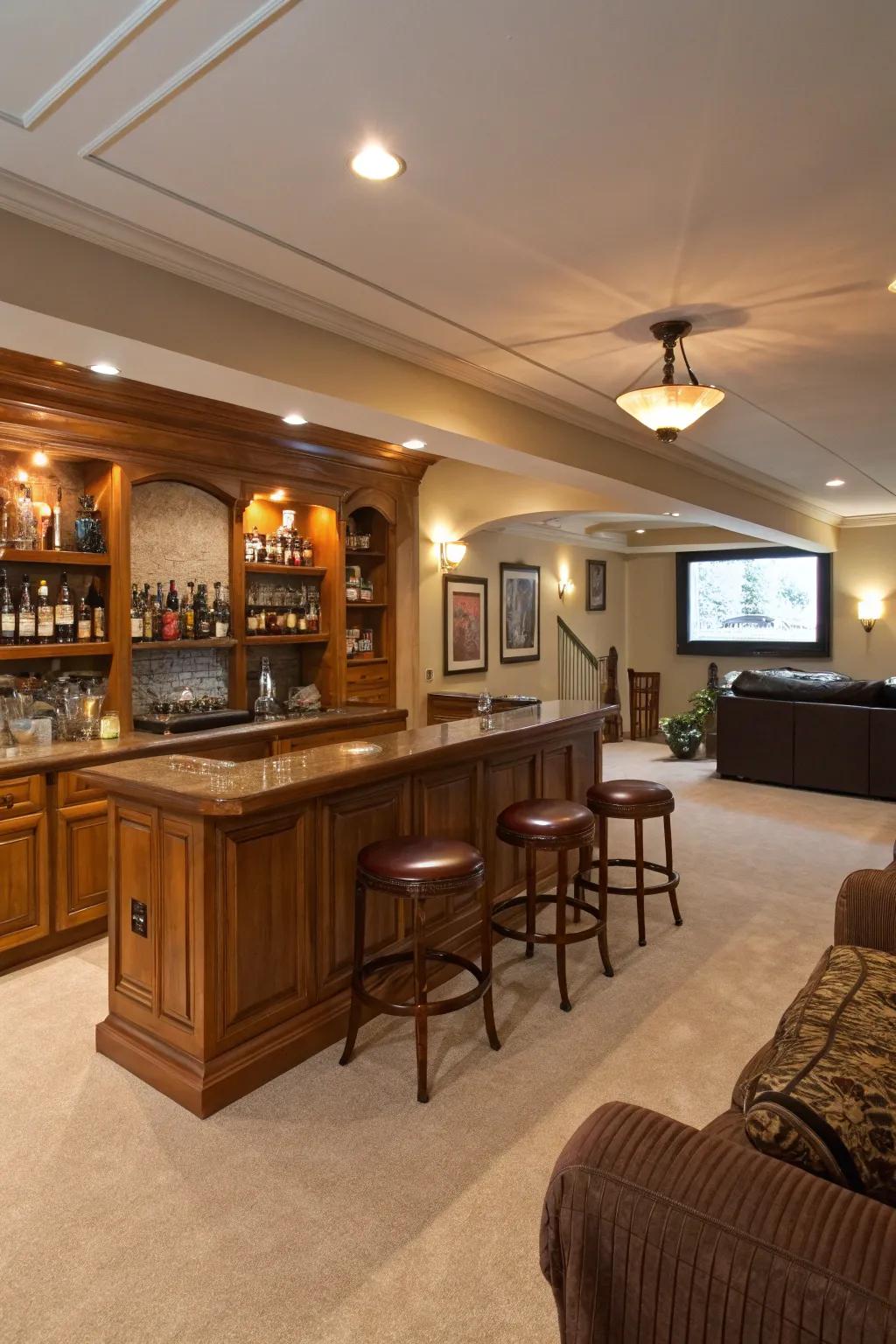 A spacious basement bar perfect for entertaining guests.