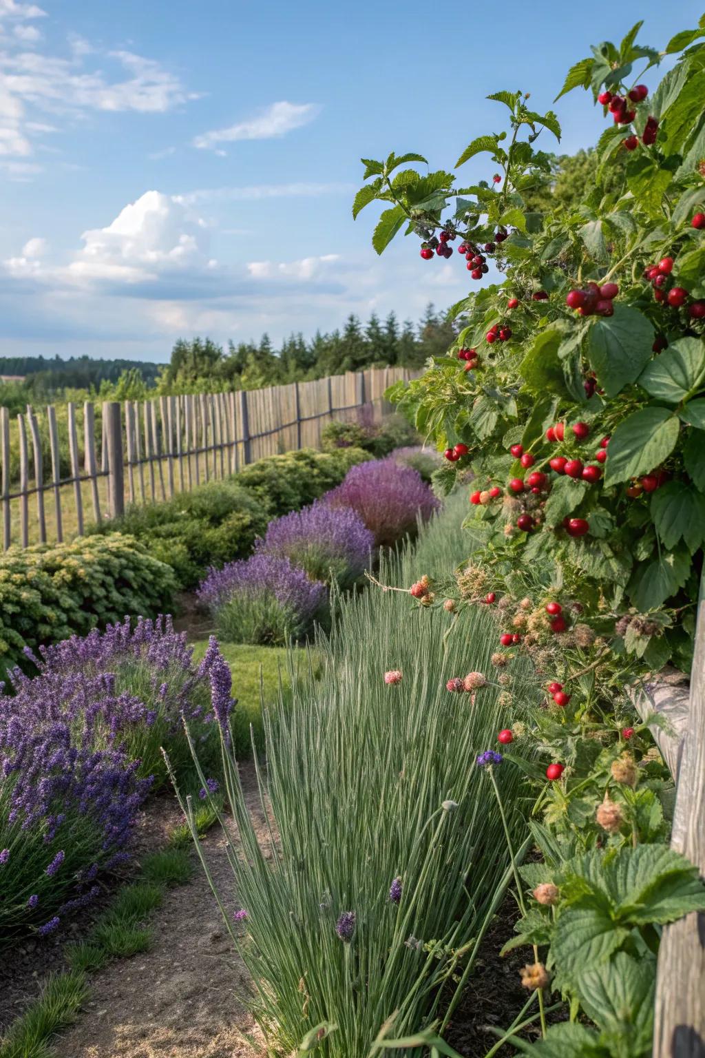 Companion plants enhancing the beauty and health of the berry garden.