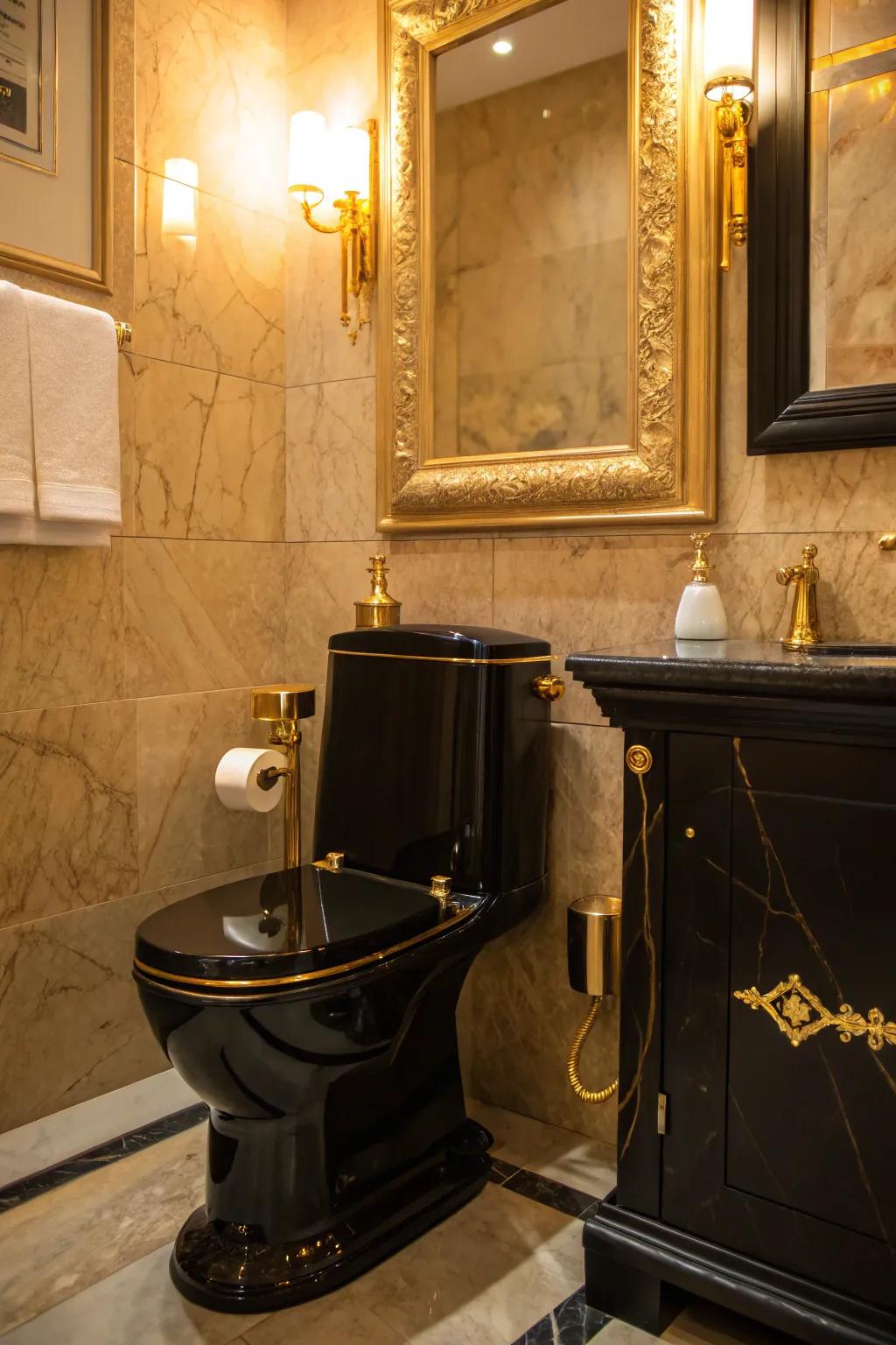 Gold accents add a luxurious touch to a black toilet setup.