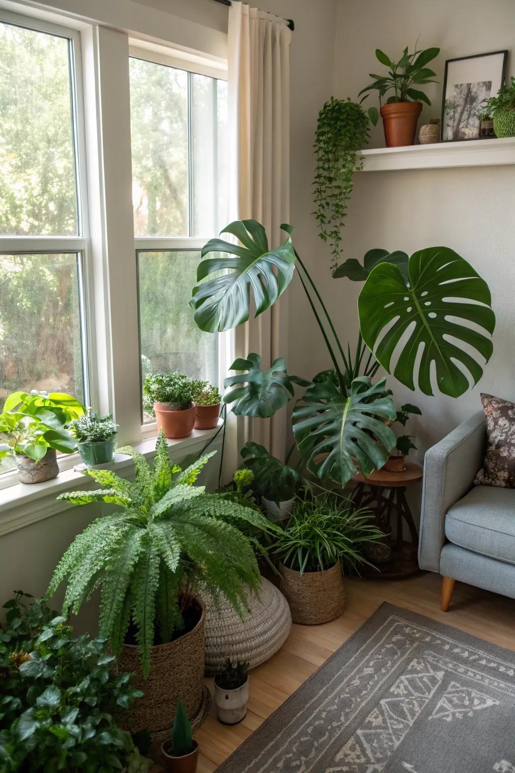 A corner filled with indoor plants brings life and calm to the room.