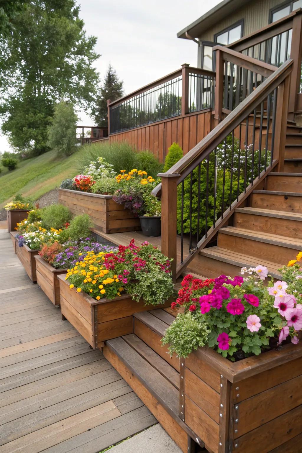 Planter boxes hide imperfections while elevating the deck’s appeal.