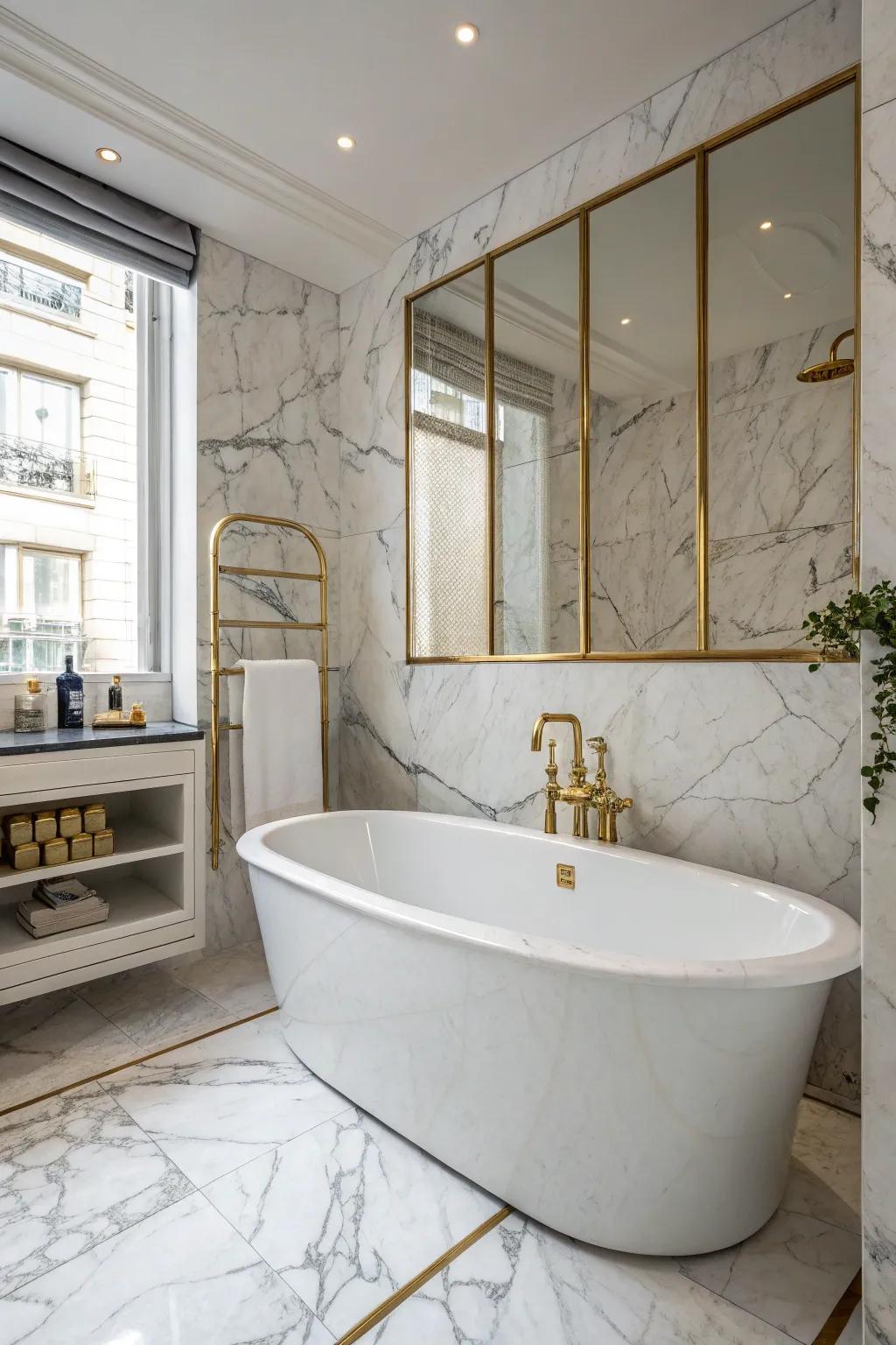 A midcentury modern tub adding retro elegance to a stylish bathroom.