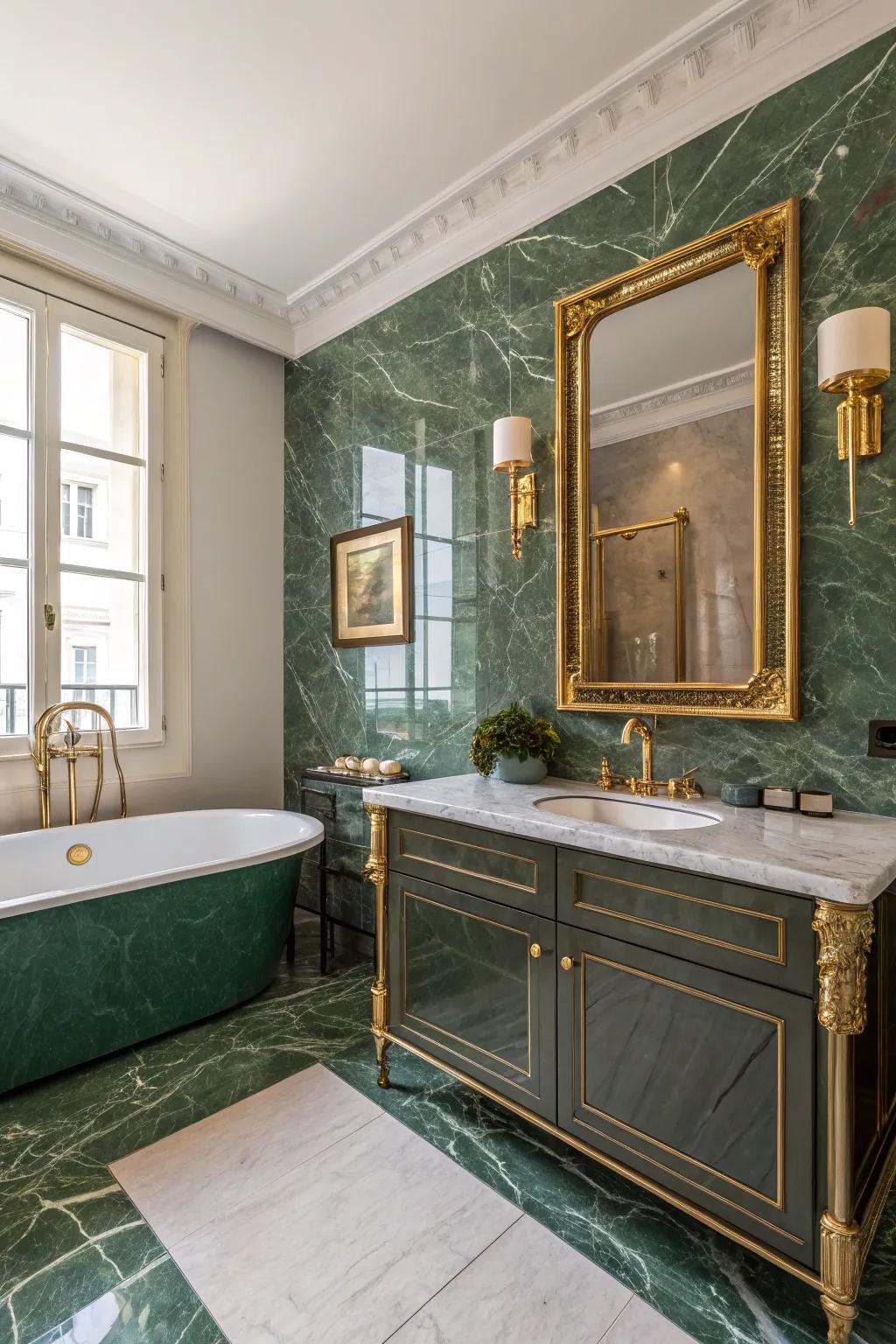 Emerald marble and gold metallics create an opulent atmosphere.