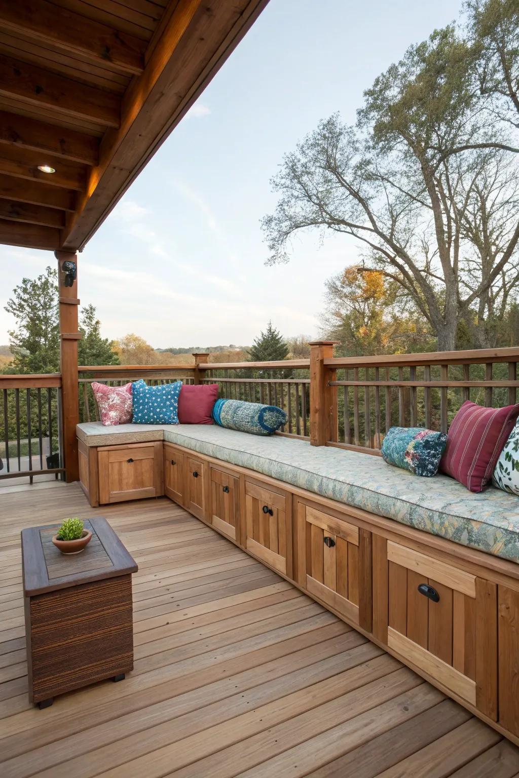 Functional built-in seating on a high deck for convenience and style.