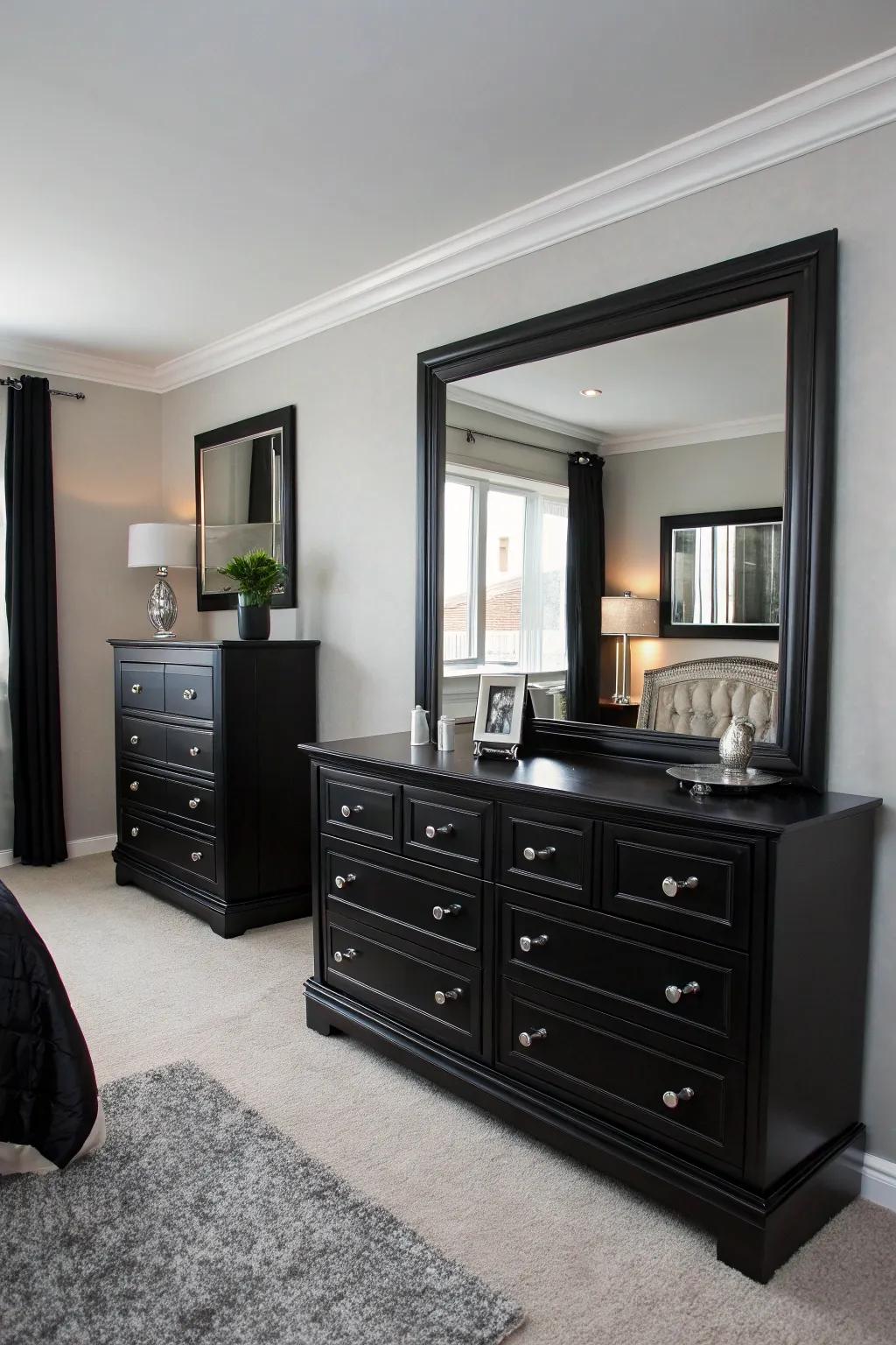 Mirrors create the illusion of a larger, more open black bedroom.