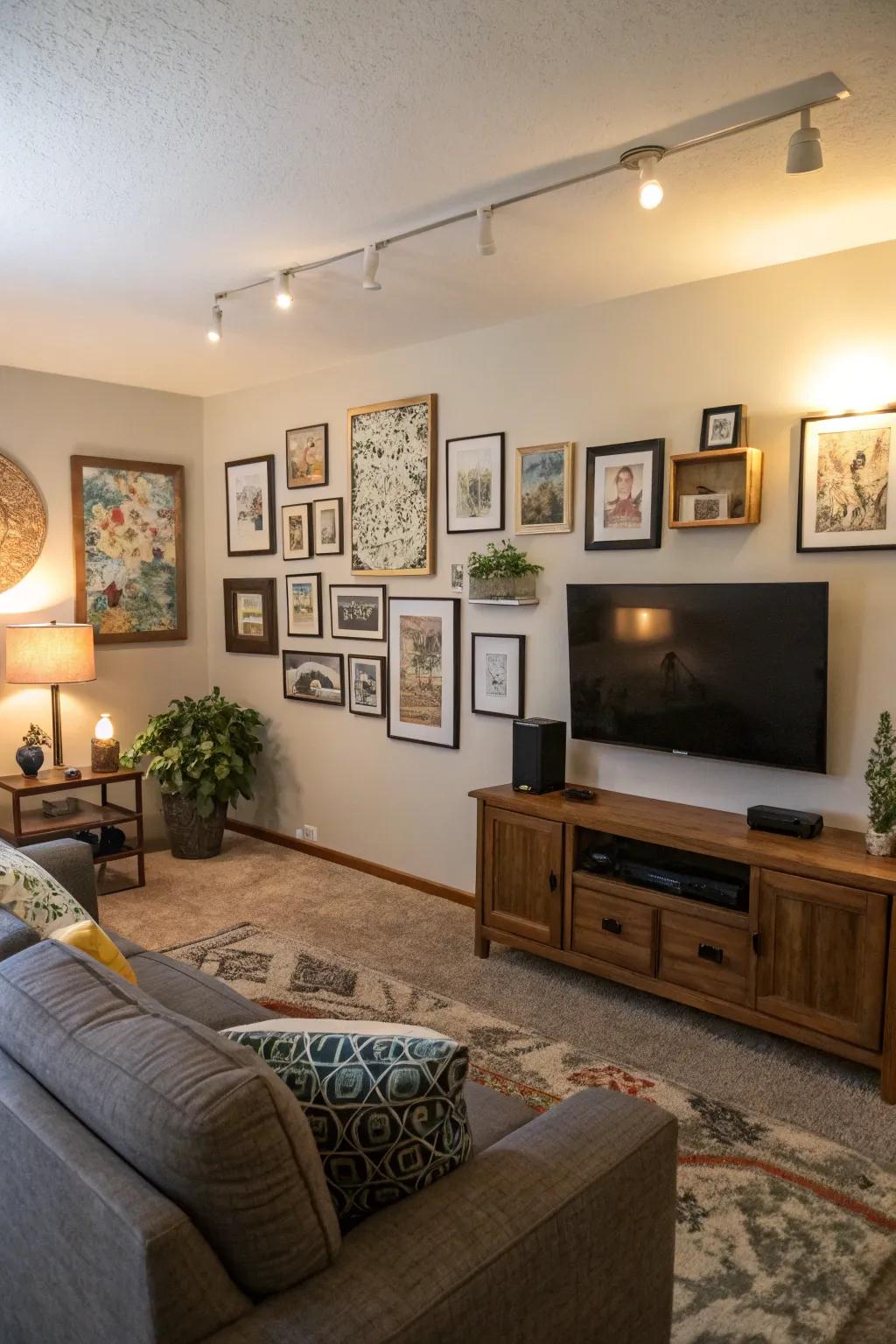 A creative gallery wall makes the TV a part of the art collection in the living room.