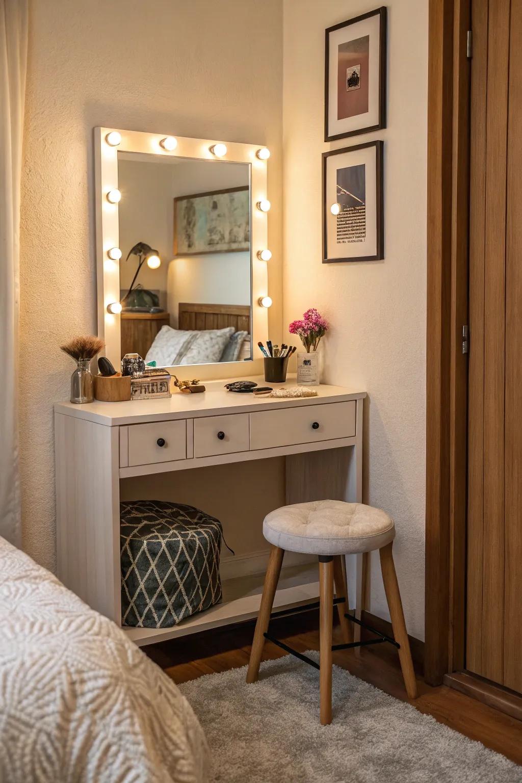 A corner vanity neatly tucked into a small bedroom.