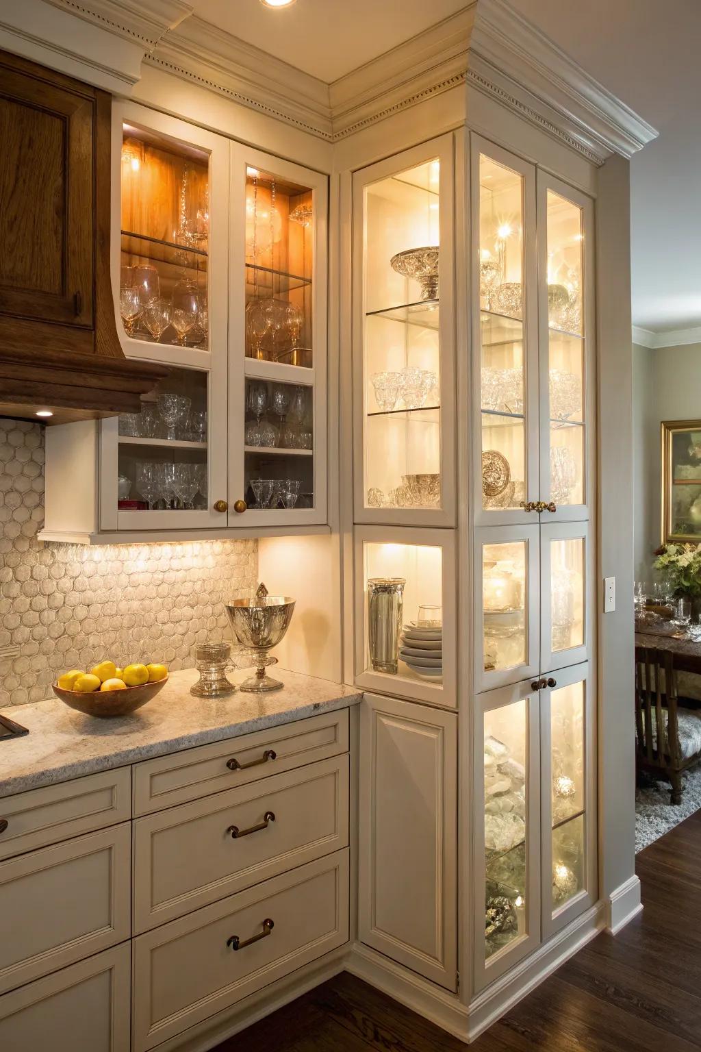 Display and organize with angled cabinets featuring glass doors.