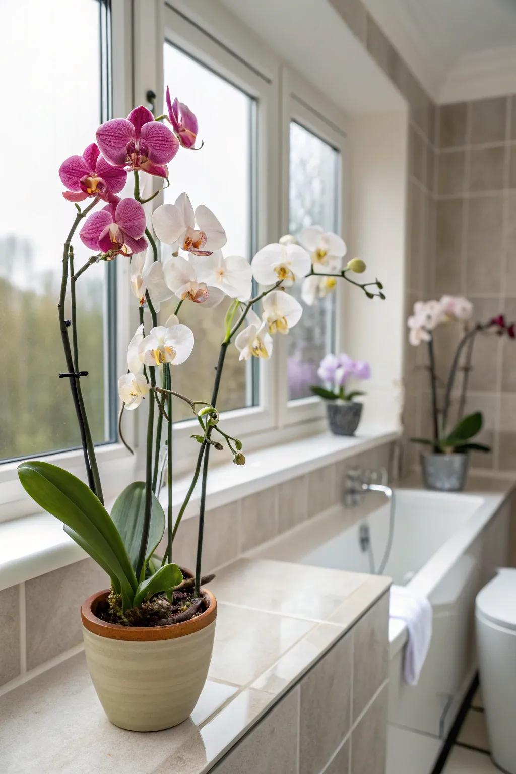 Orchids add a pop of color and elegance to your bathroom.