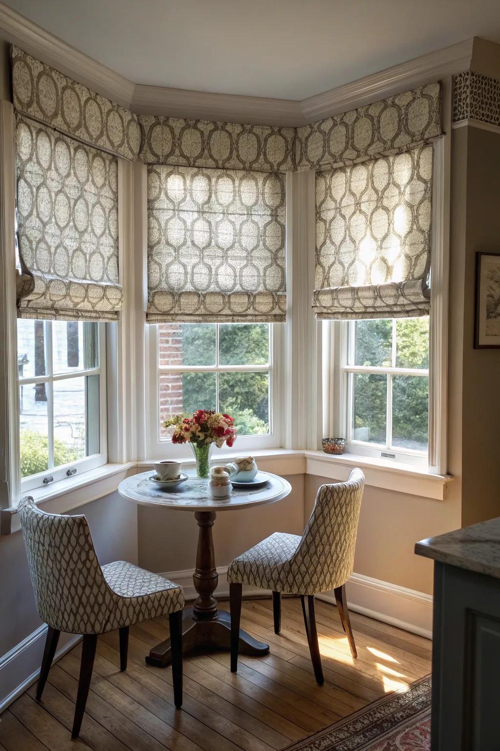 Layered treatments add depth to bay windows.