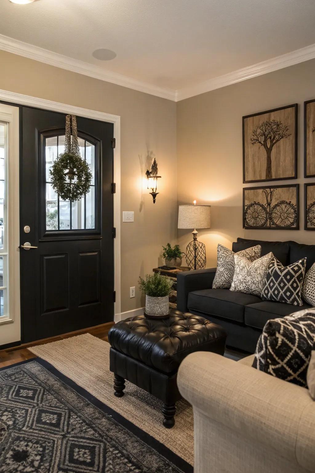 A cohesive room design with black doors enhancing the decor.