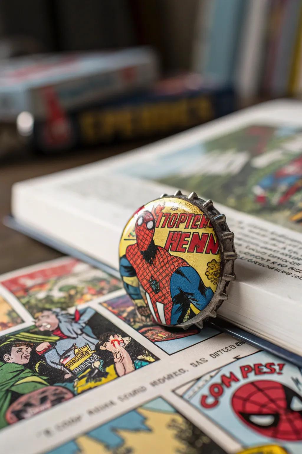 Unleash your inner superhero with comic book bottle cap pins.