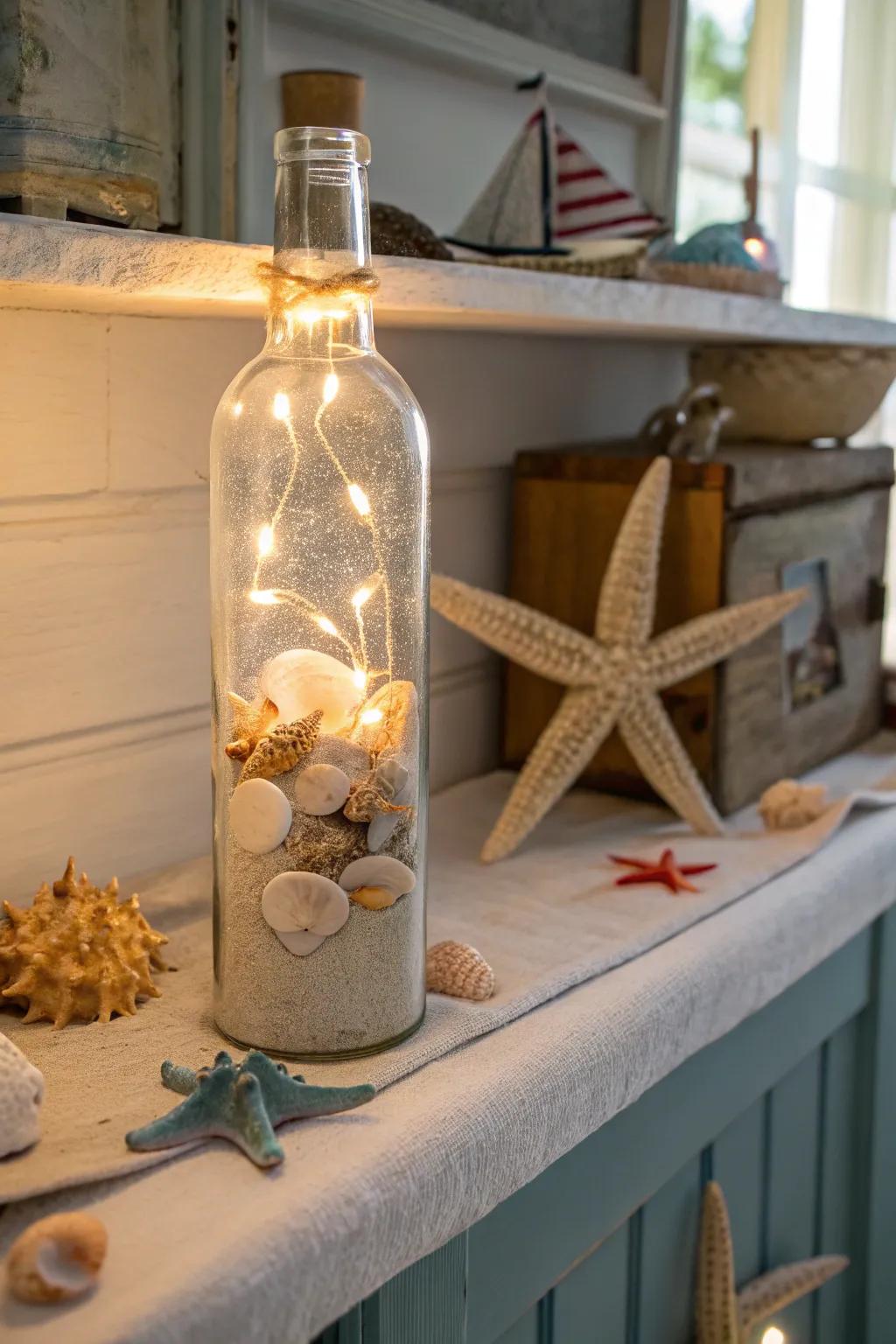 A sand-filled bottle lamp evoking beach memories.