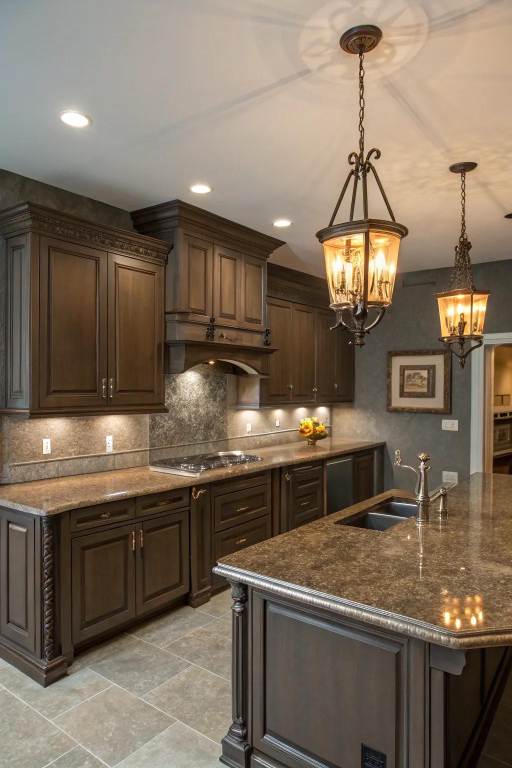 Dusky gray walls add a dramatic flair to brown granite countertops.