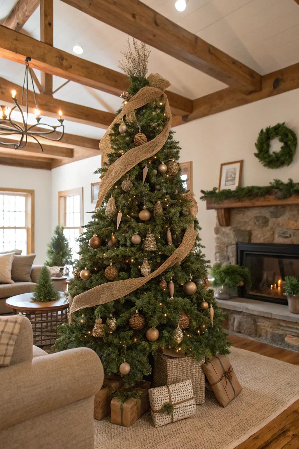 A rustic Christmas tree adorned with burlap ribbons, creating a charming and cozy holiday vibe.