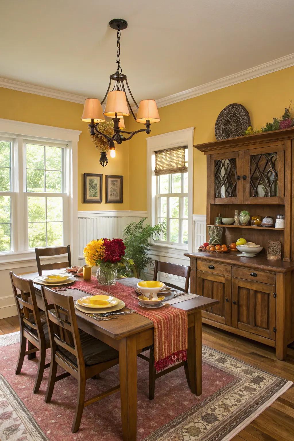 A vibrant dining room with rust and mustard yellow accents.