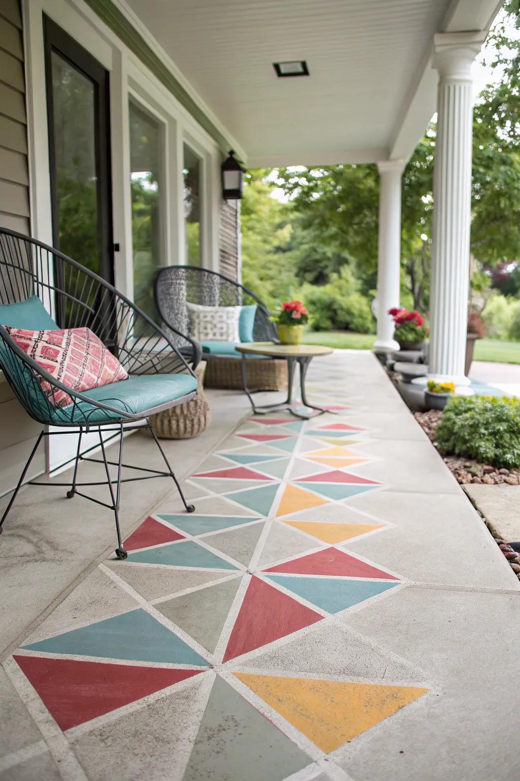 Geometric stenciling brings artistic flair to a concrete porch.