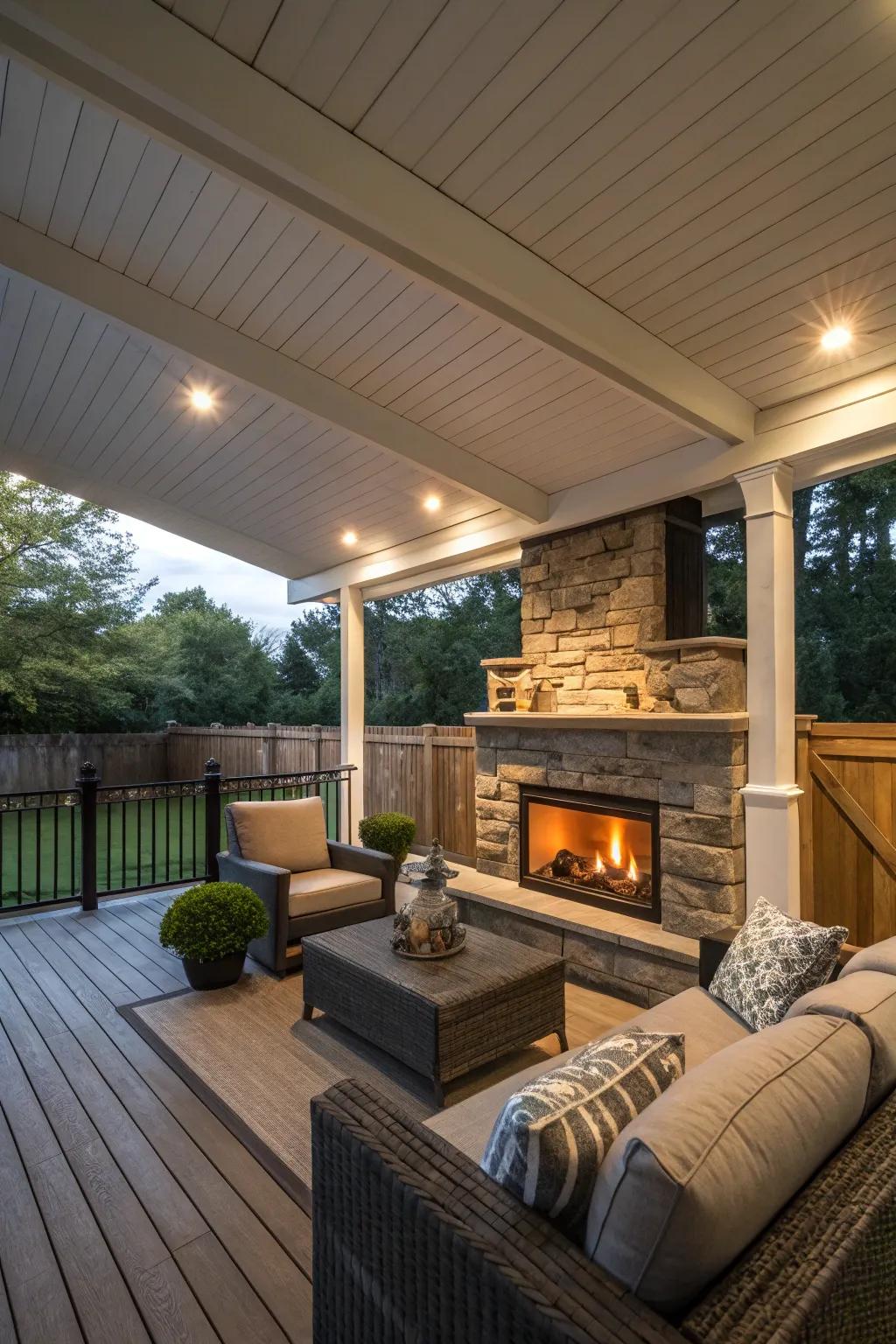 A built-in fireplace adds warmth and ambiance to this inviting covered deck.