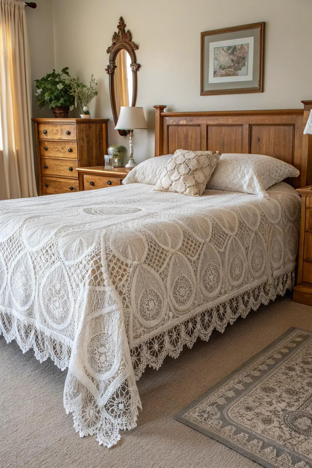 A delicate lace bedspread complements the wooden furniture for a classic look.