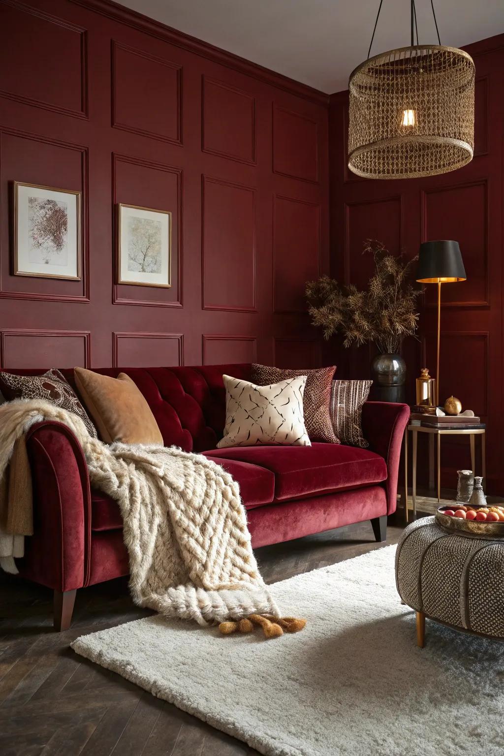 A cozy living room with dark red walls and velvet textiles.