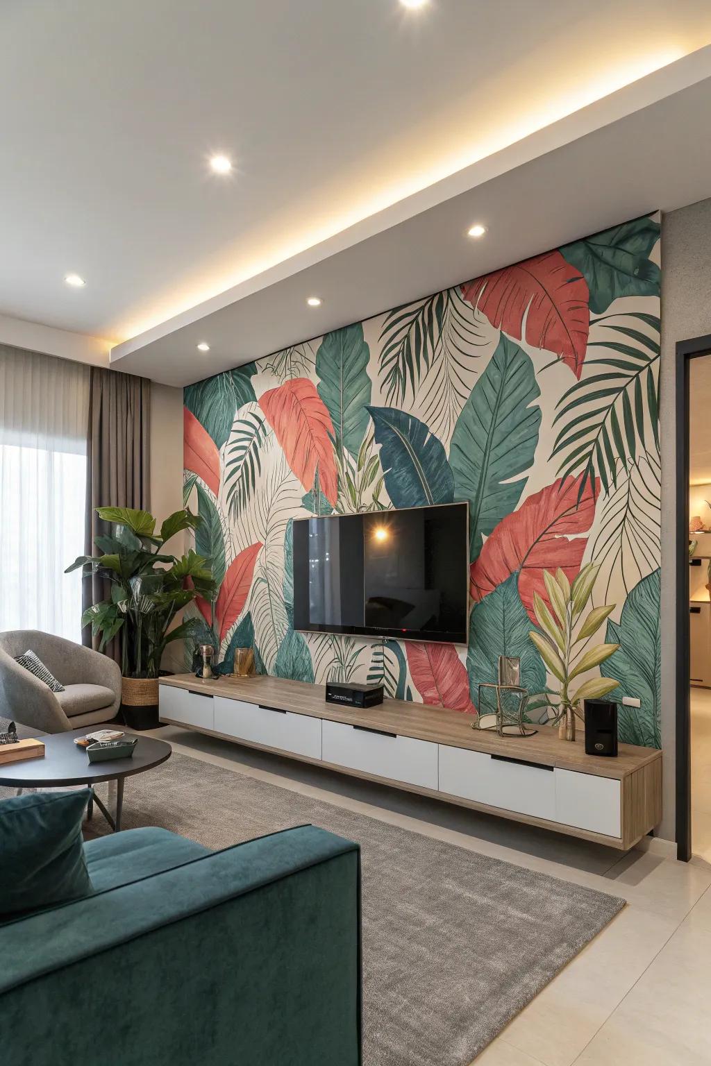 Vibrant tropical leaf wallpaper transforming a TV wall in a contemporary living room.