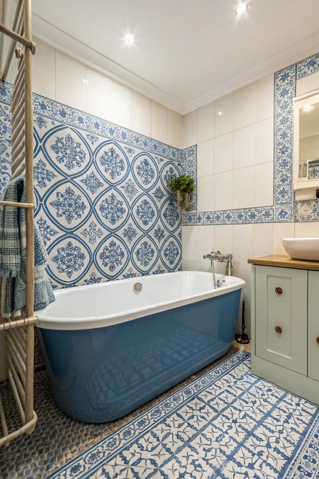 Blue patterned tiles create a harmonious look with a blue bathtub.