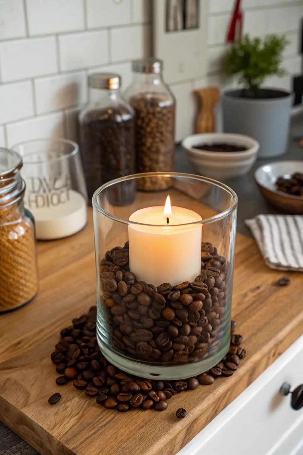 A glass container filled with coffee beans and a candle, creating a warm aroma.