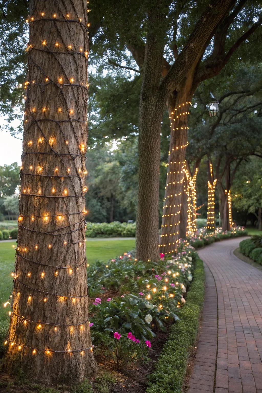 Highlight the beauty of tree trunks with net lights.