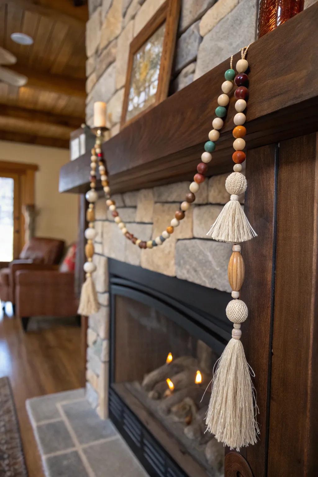 A handcrafted wooden bead garland adorning a mantel.