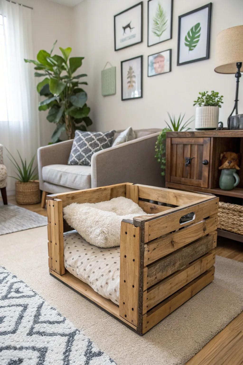 A wooden crate pet bed offers comfort and style for your furry friend.