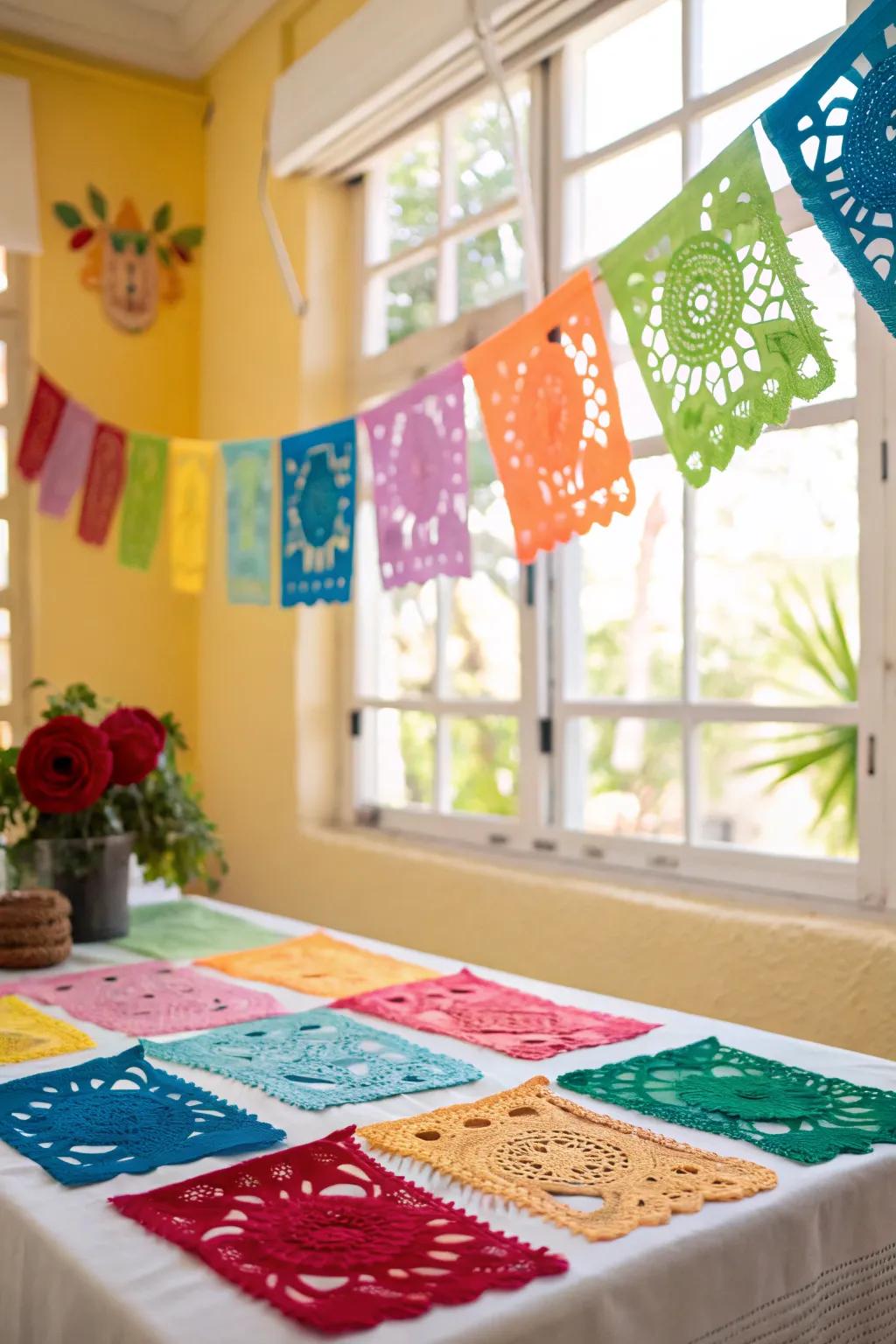 An array of vivid papel picado creations ready to decorate the space.