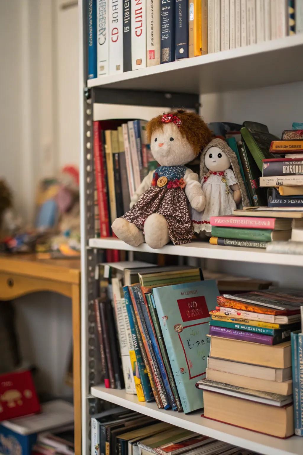 Dolls artfully arranged among books for a whimsical bookshelf display.