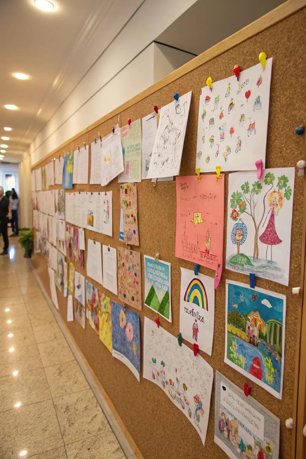 A full corkboard wall displaying a variety of children's art.