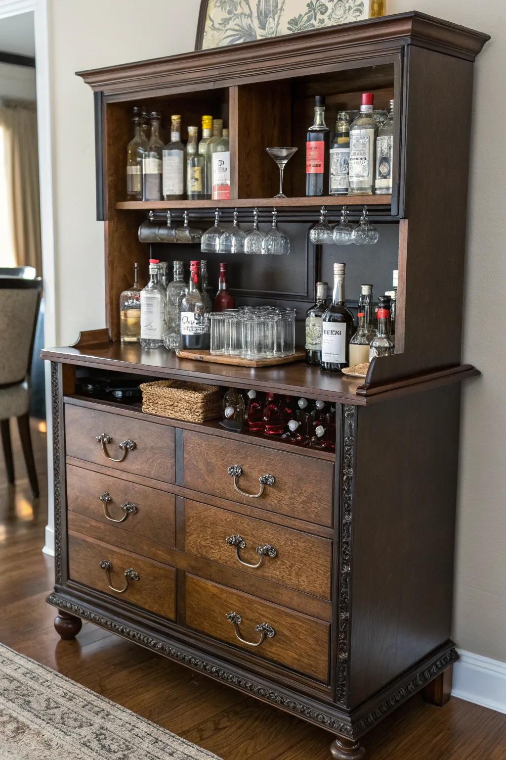 A dresser gets a second chance as a chic liquor cabinet.